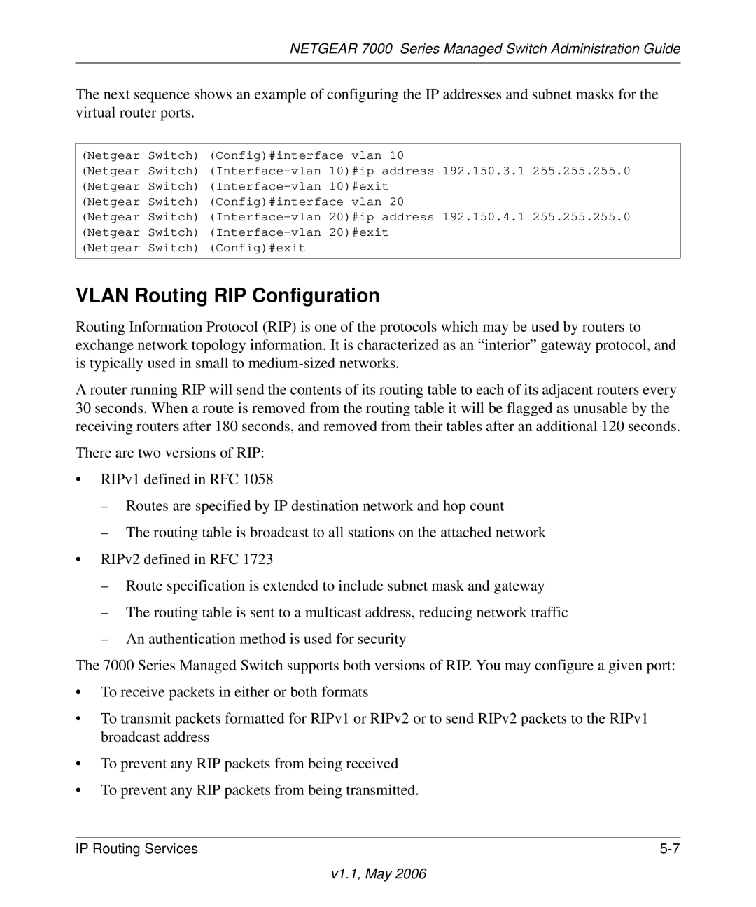 NETGEAR 7000 manual Vlan Routing RIP Configuration 