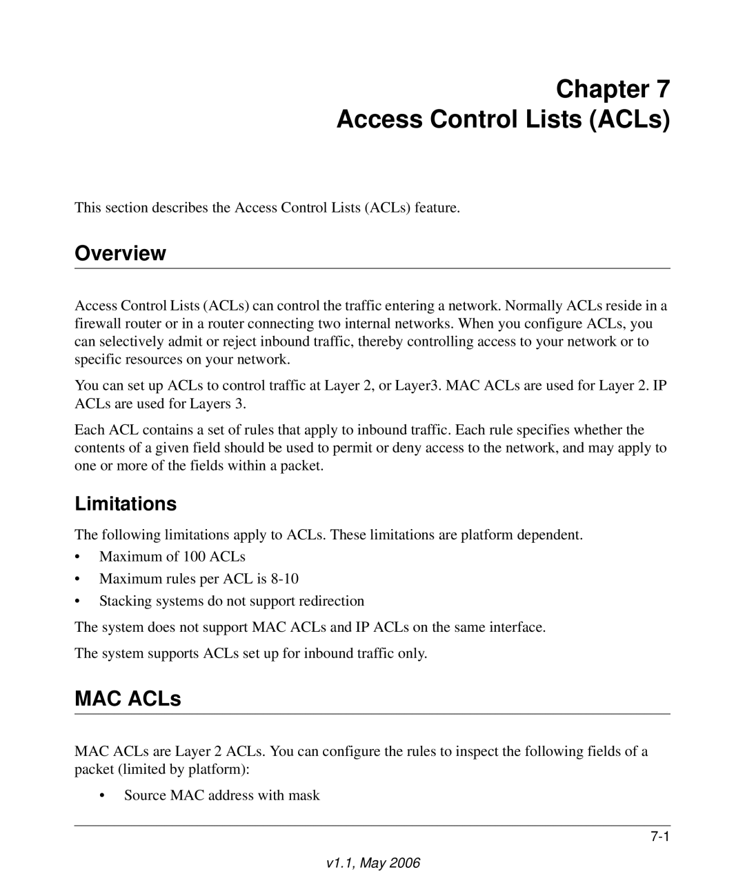 NETGEAR 7000 manual Chapter Access Control Lists ACLs, Overview, MAC ACLs, Limitations 