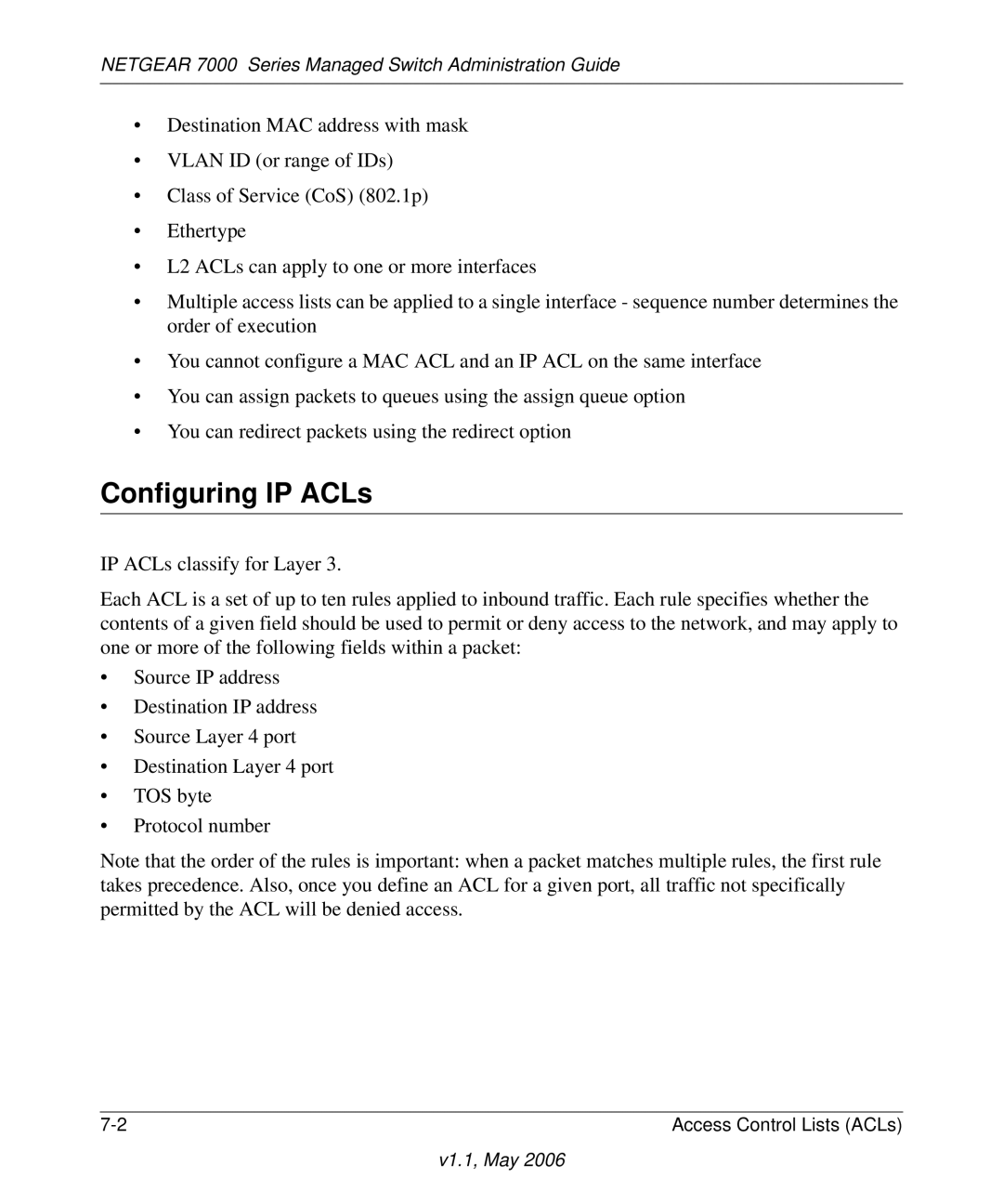 NETGEAR 7000 manual Configuring IP ACLs 