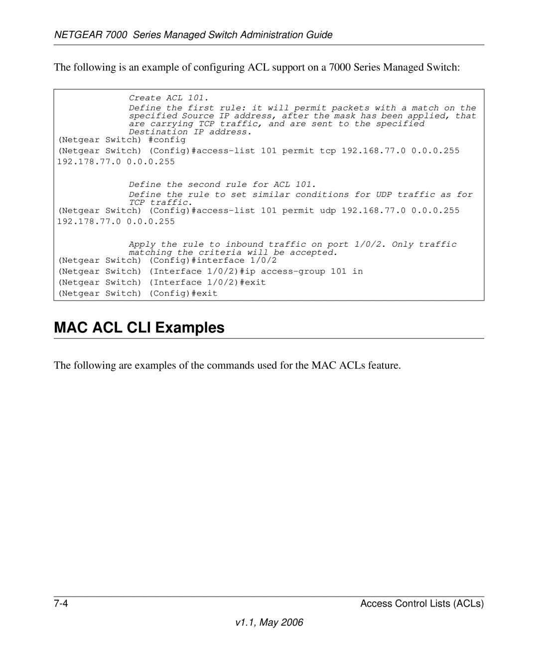 NETGEAR 7000 manual MAC ACL CLI Examples 