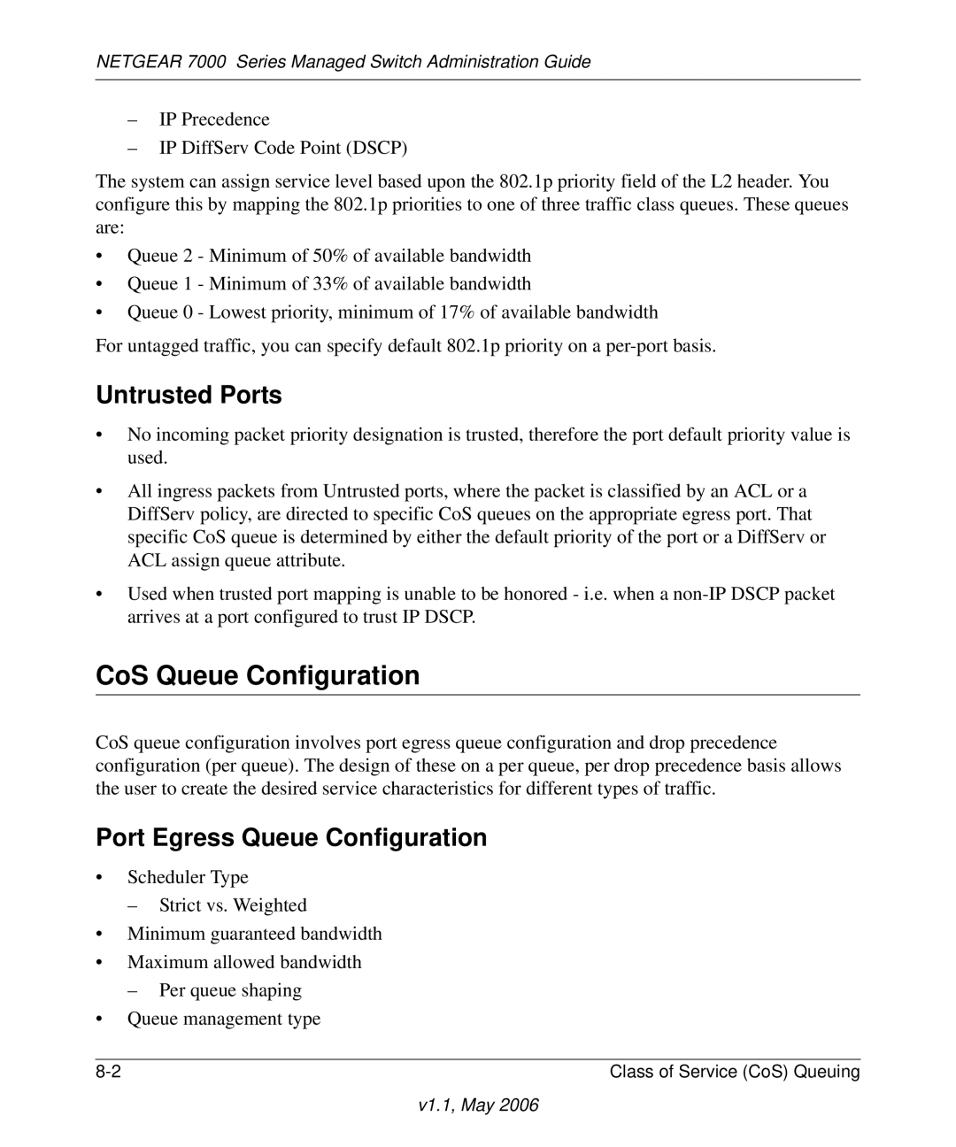 NETGEAR 7000 manual CoS Queue Configuration, Untrusted Ports, Port Egress Queue Configuration 