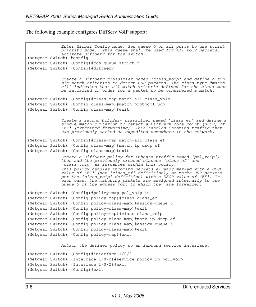 NETGEAR 7000 manual Following example configures DiffServ VoIP support 