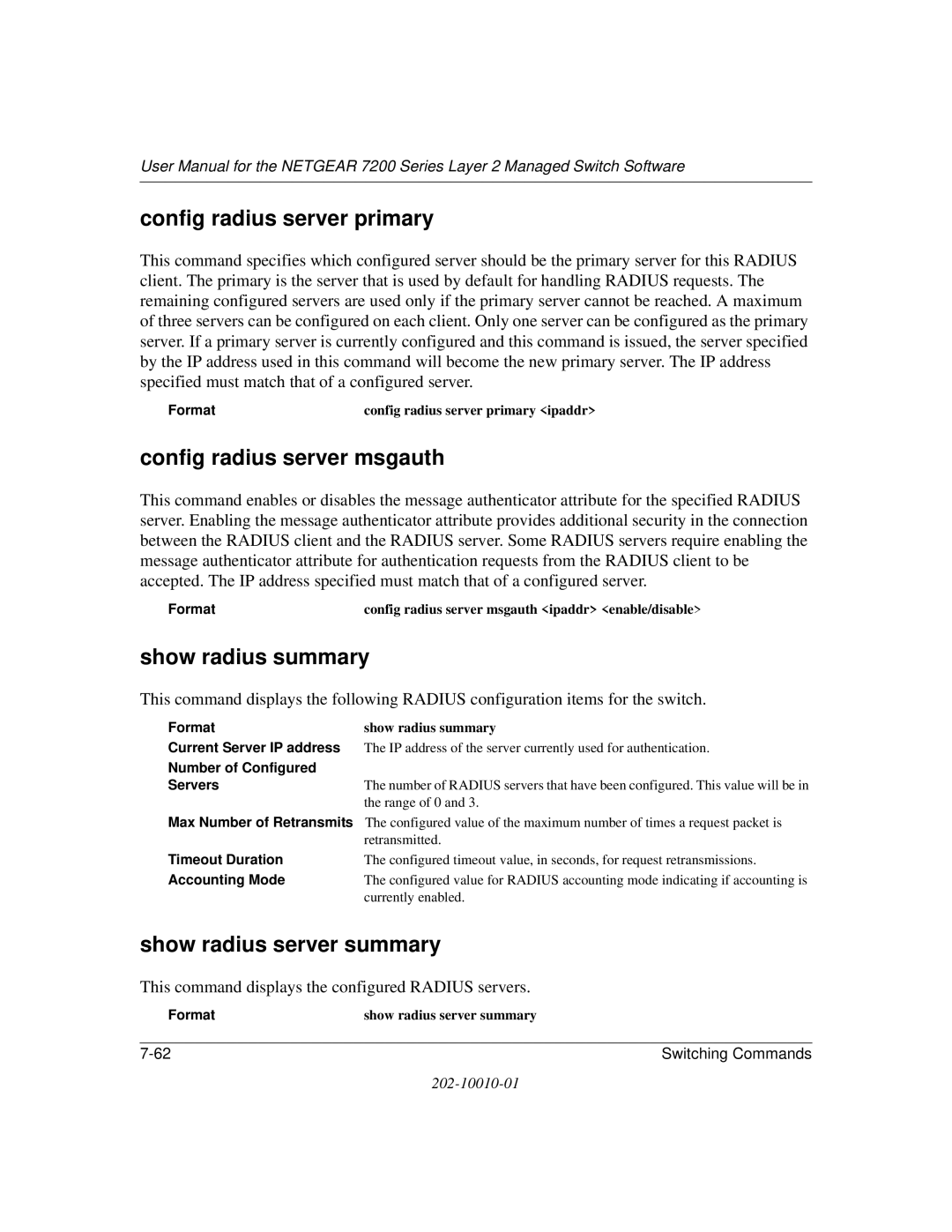 NETGEAR 7200 Series user manual Config radius server primary, Config radius server msgauth, Show radius summary 