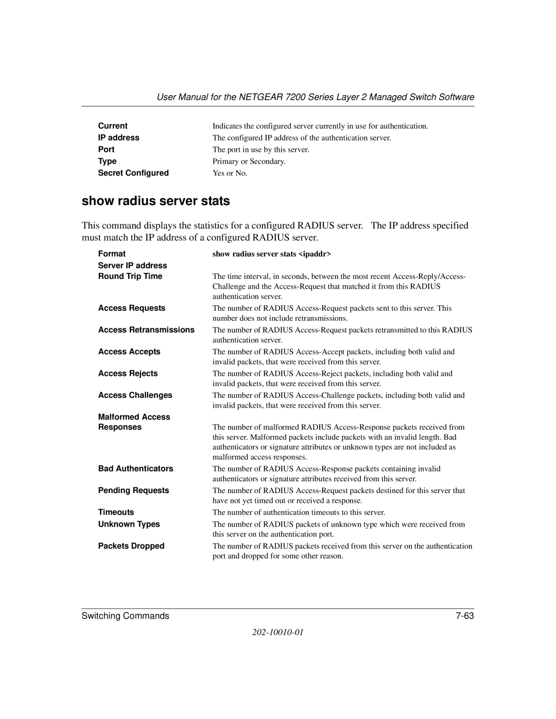 NETGEAR 7200 Series user manual Show radius server stats 