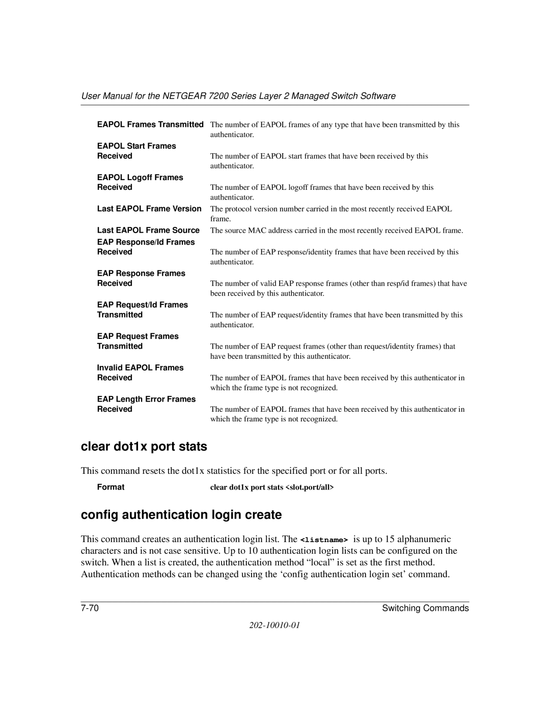 NETGEAR 7200 Series user manual Clear dot1x port stats, Config authentication login create 