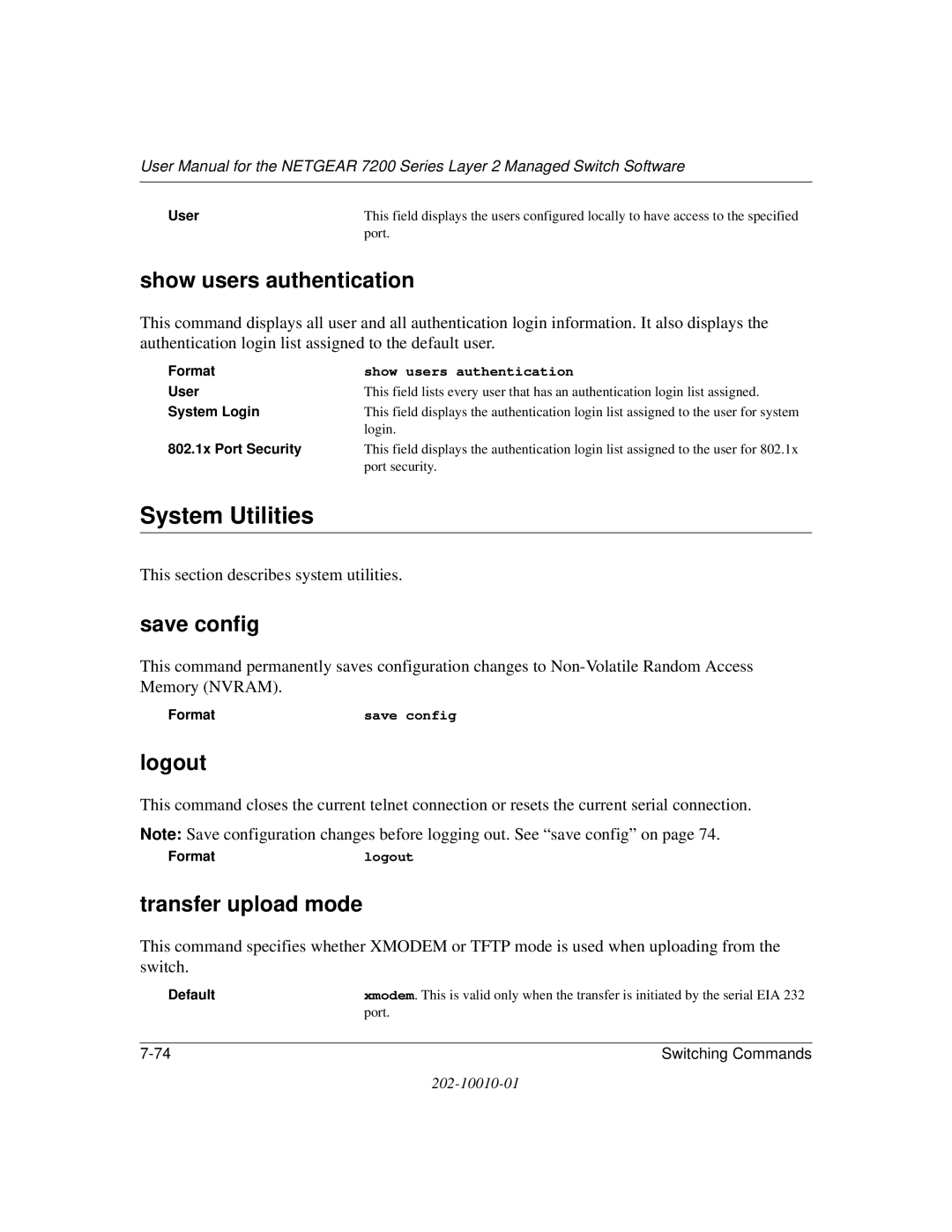 NETGEAR 7200 Series user manual System Utilities, Show users authentication, Save config, Logout, Transfer upload mode 