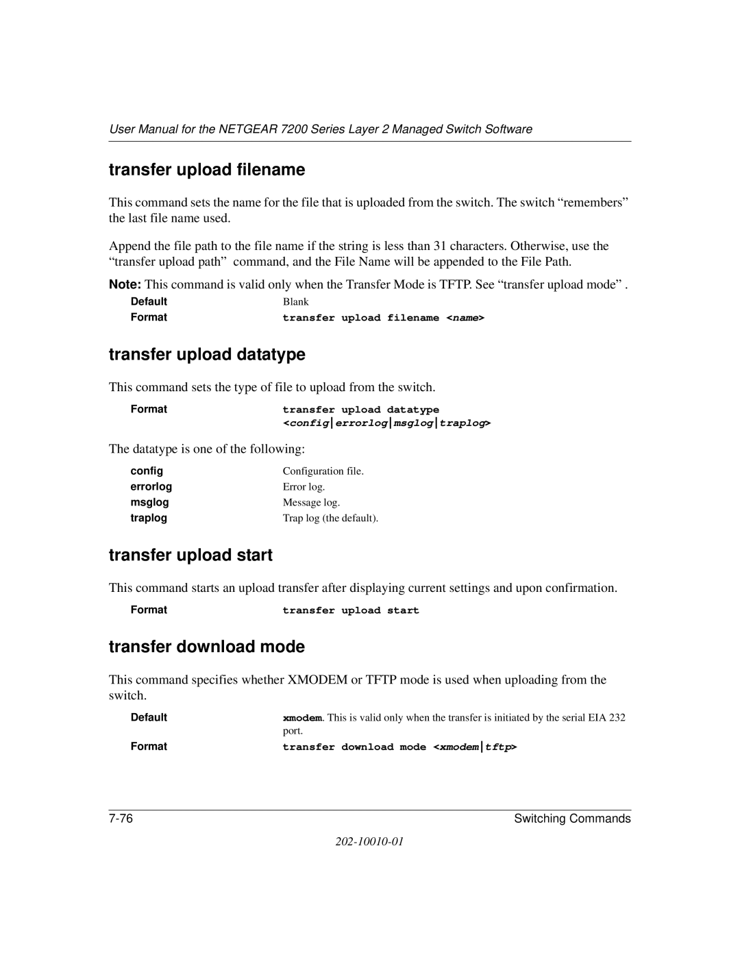 NETGEAR 7200 Series Transfer upload filename, Transfer upload datatype, Transfer upload start, Transfer download mode 