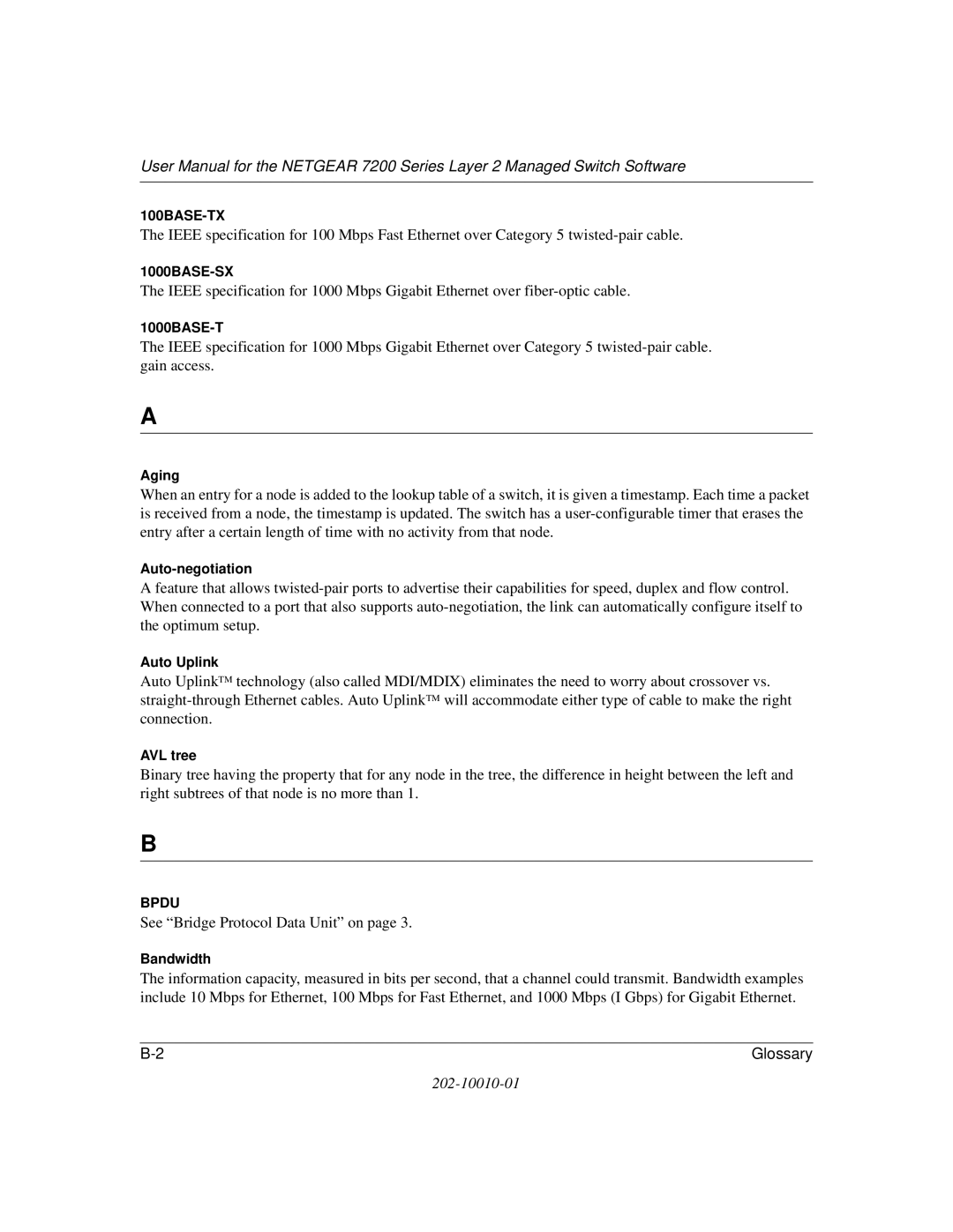 NETGEAR 7200 Series user manual 1000BASE-T, Aging, Auto-negotiation, Auto Uplink, AVL tree, Bandwidth 