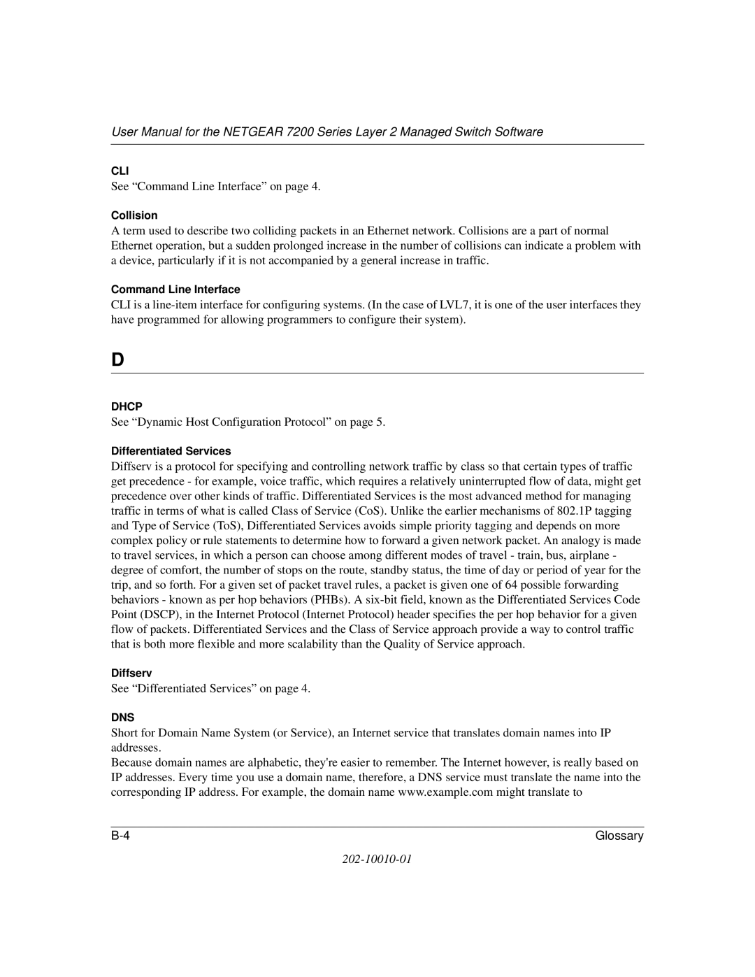 NETGEAR 7200 Series user manual Collision, Command Line Interface, Differentiated Services, Diffserv 