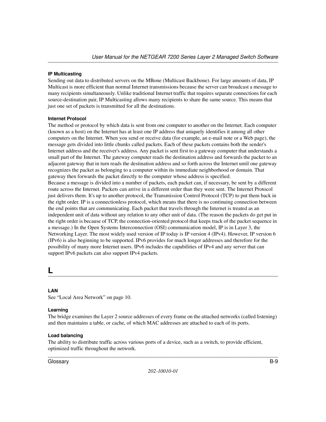 NETGEAR 7200 Series user manual IP Multicasting, Internet Protocol, Learning, Load balancing 