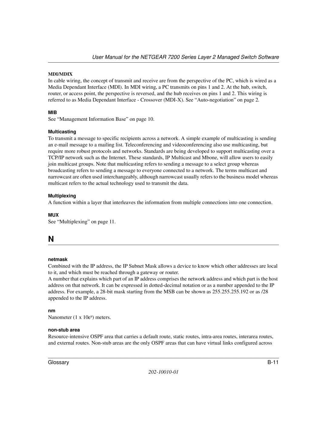 NETGEAR 7200 Series user manual Multicasting, Multiplexing, Netmask, Non-stub area 