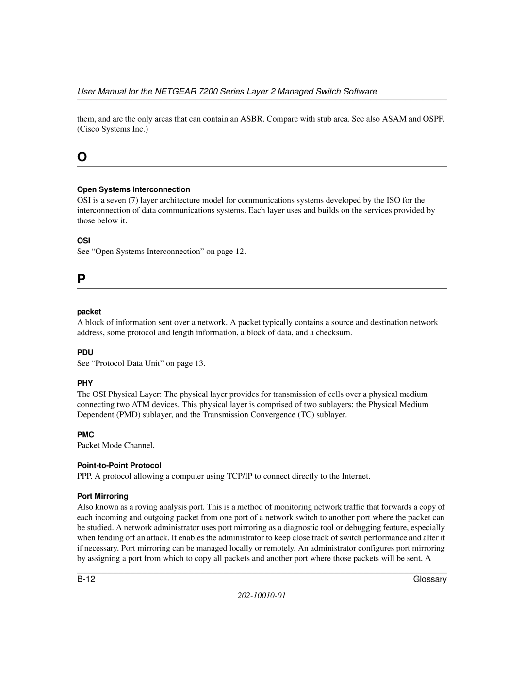 NETGEAR 7200 Series user manual Open Systems Interconnection, Packet, Point-to-Point Protocol, Port Mirroring 