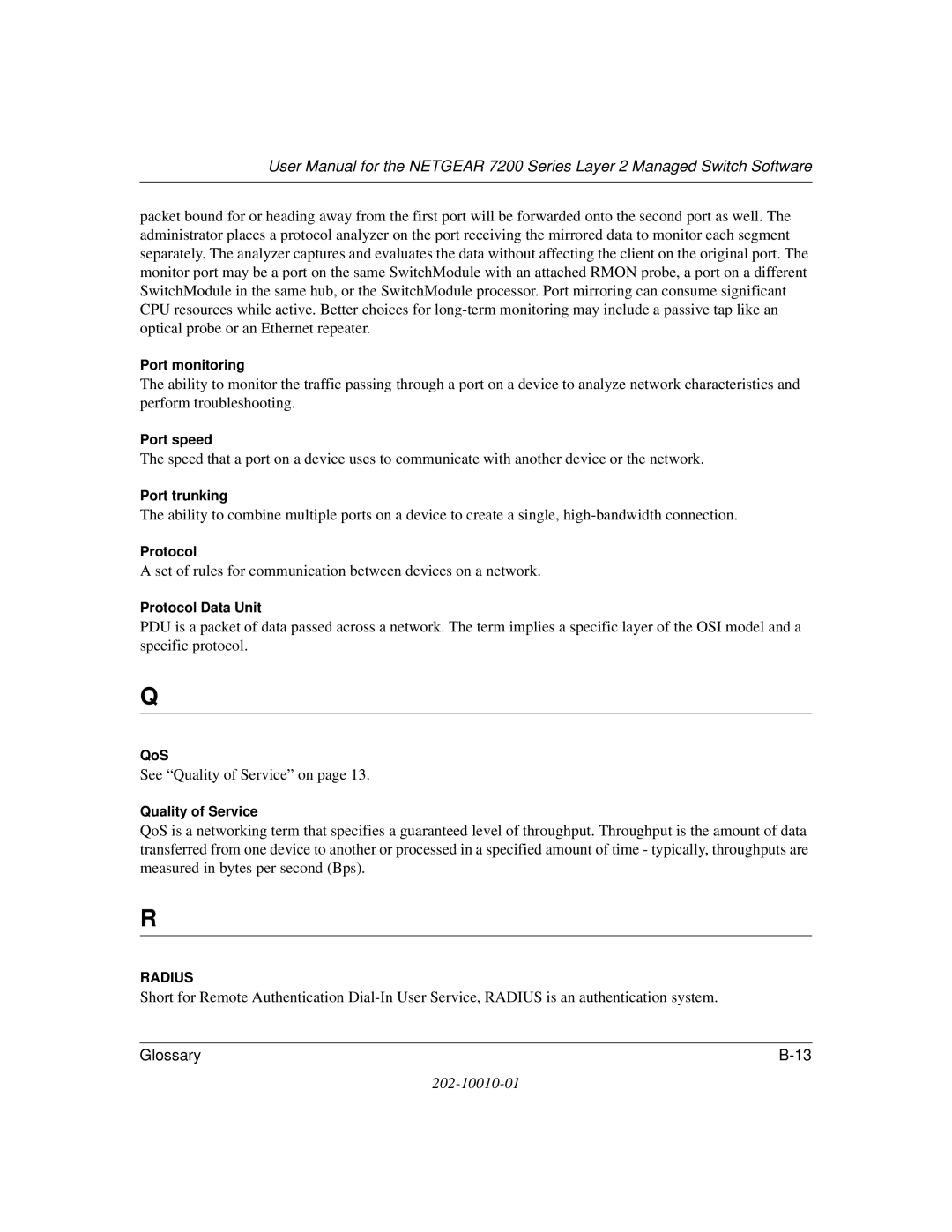 NETGEAR 7200 Series user manual Port monitoring, Port trunking, Protocol Data Unit, QoS, Quality of Service 