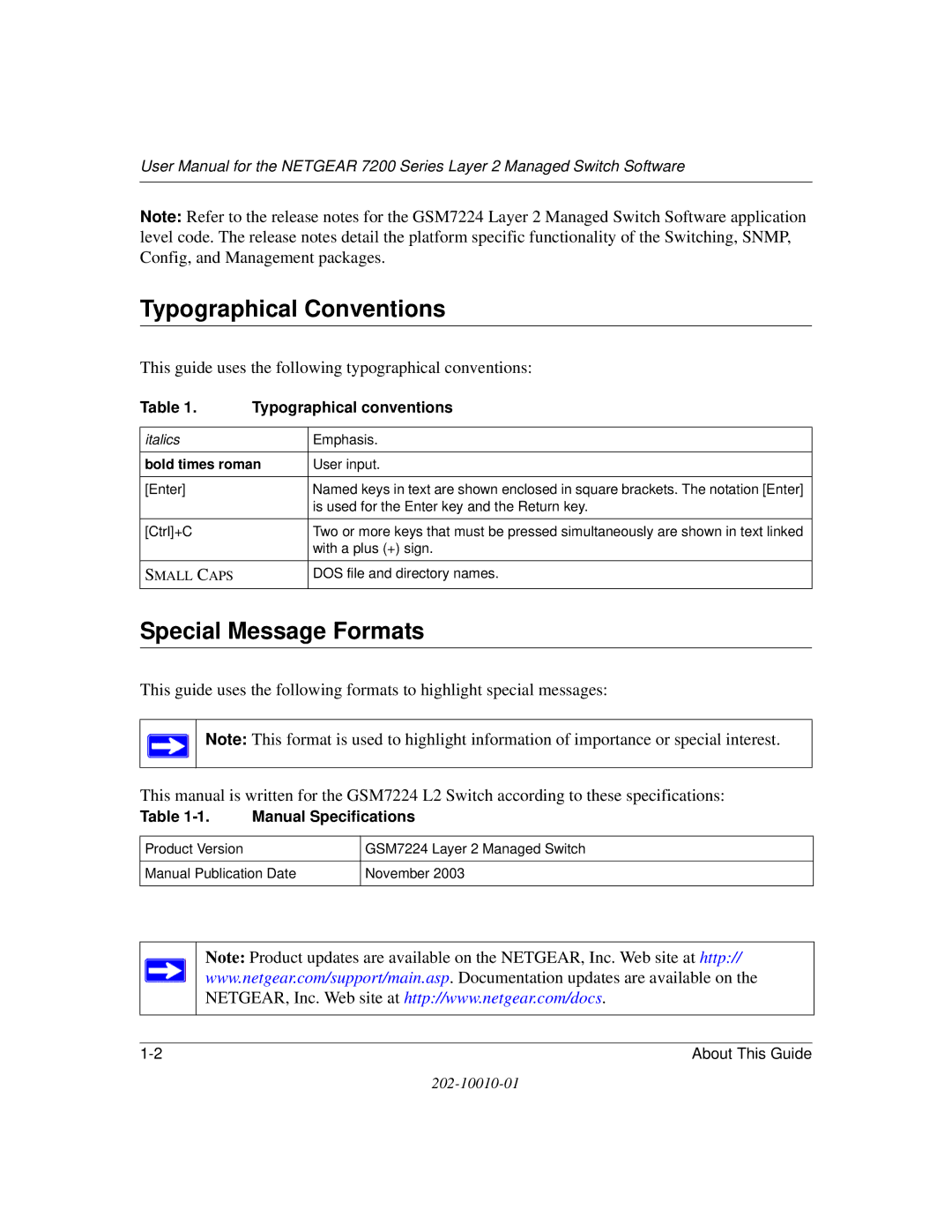 NETGEAR 7200 Series user manual Typographical Conventions, Special Message Formats 