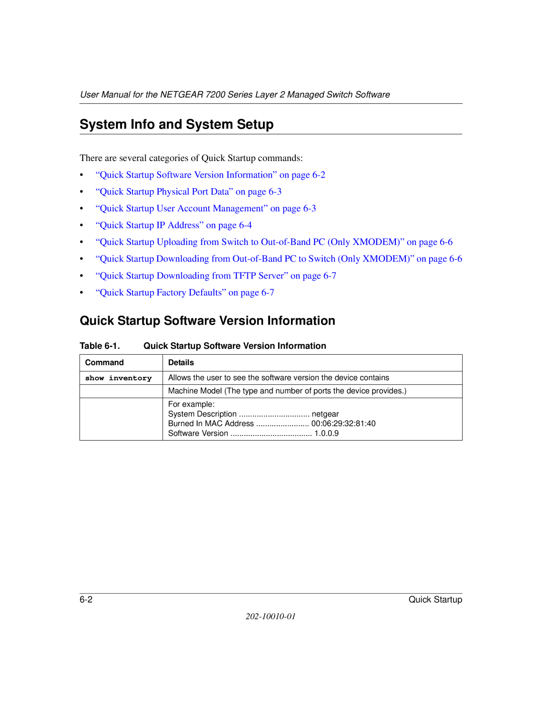 NETGEAR 7200 Series user manual System Info and System Setup, Quick Startup Software Version Information, Command Details 