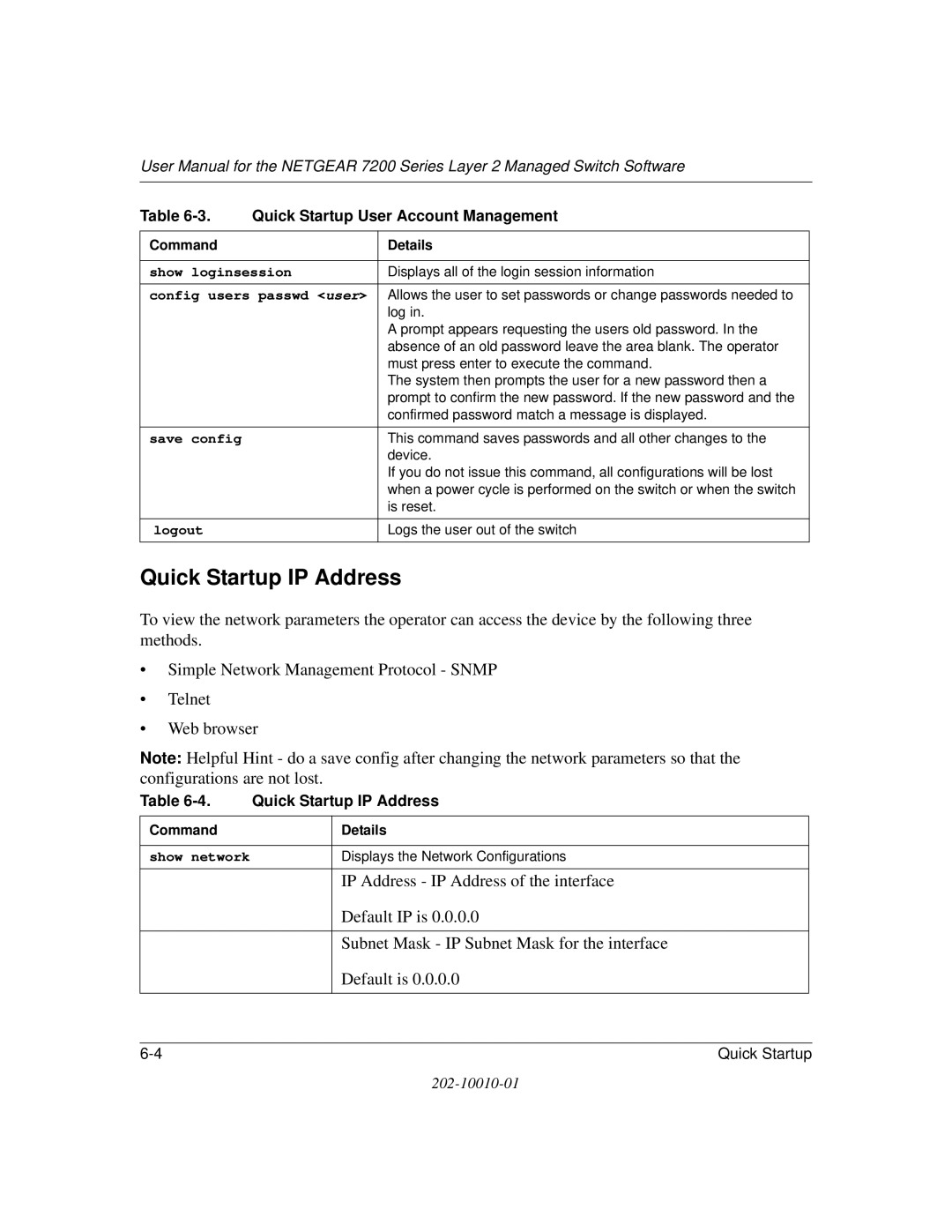 NETGEAR 7200 Series user manual Quick Startup IP Address 