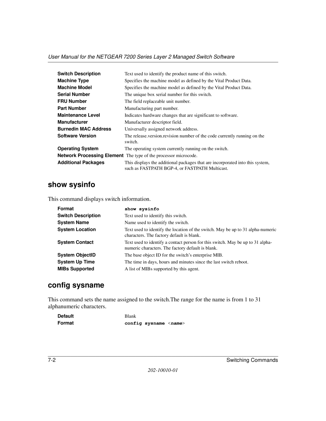 NETGEAR 7200 Series user manual Show sysinfo, This command displays switch information, Config sysname name 