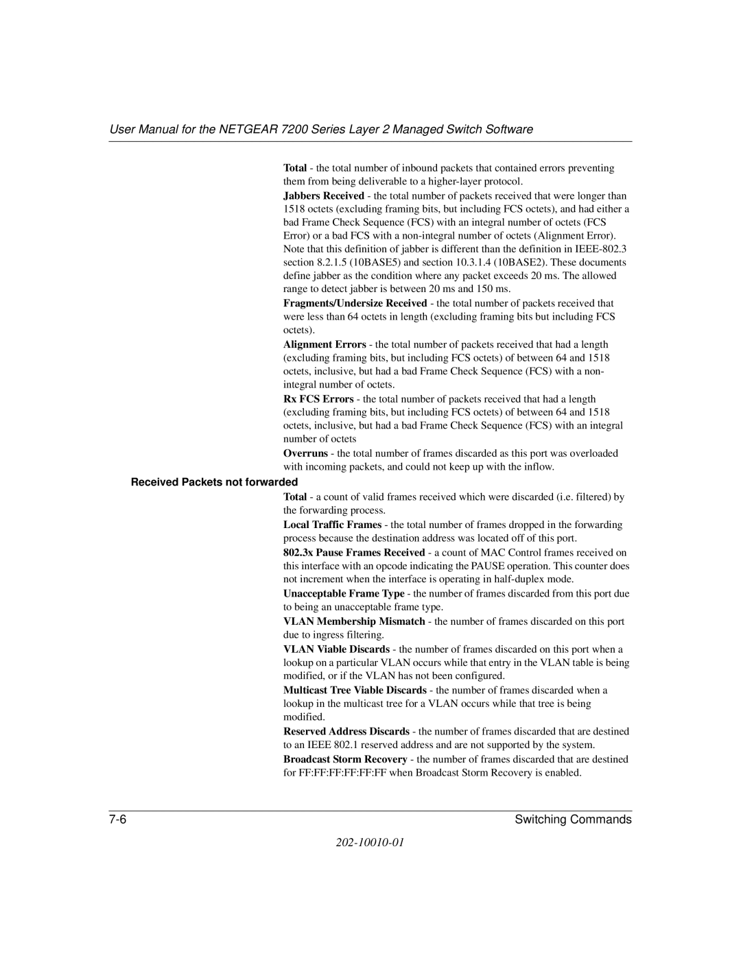 NETGEAR 7200 Series user manual Received Packets not forwarded 