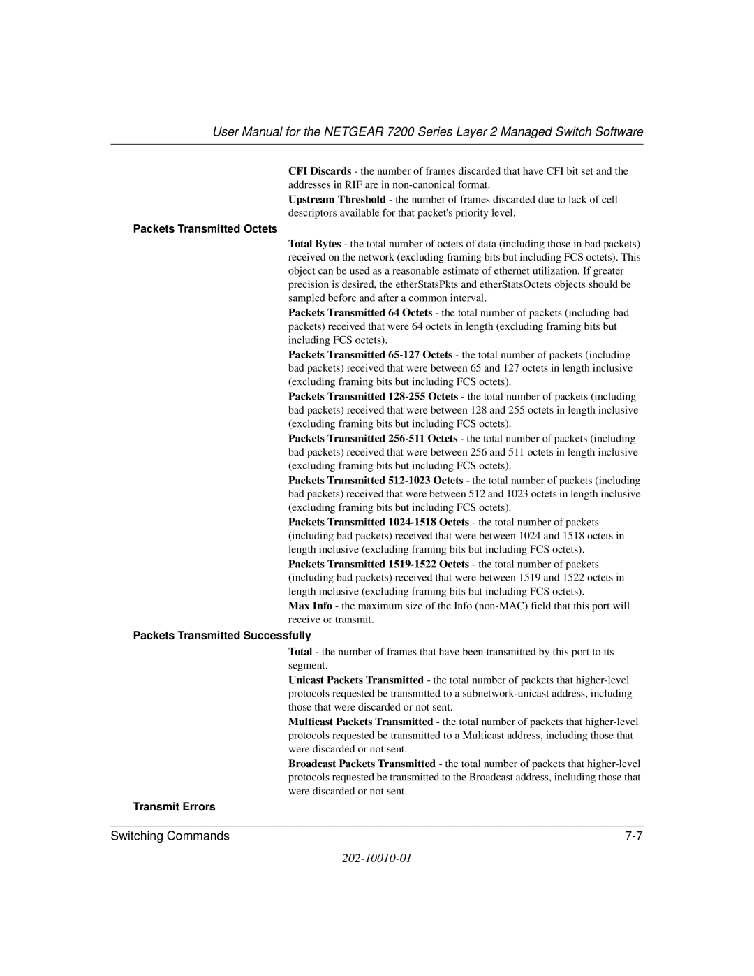 NETGEAR 7200 Series user manual Packets Transmitted Octets, Packets Transmitted Successfully, Transmit Errors 