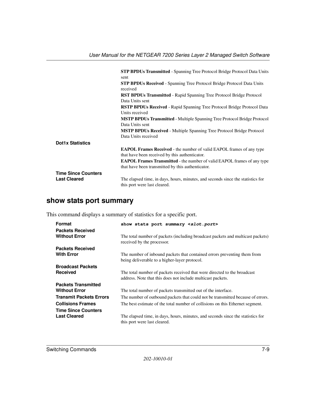 NETGEAR 7200 Series user manual Show stats port summary slot.port 