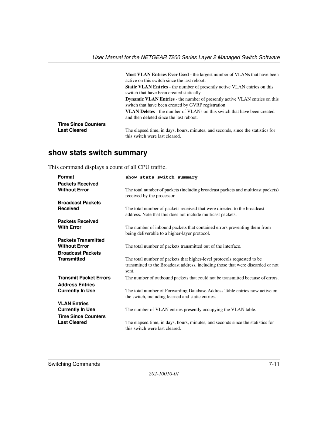 NETGEAR 7200 Series user manual Show stats switch summary, This command displays a count of all CPU traffic 