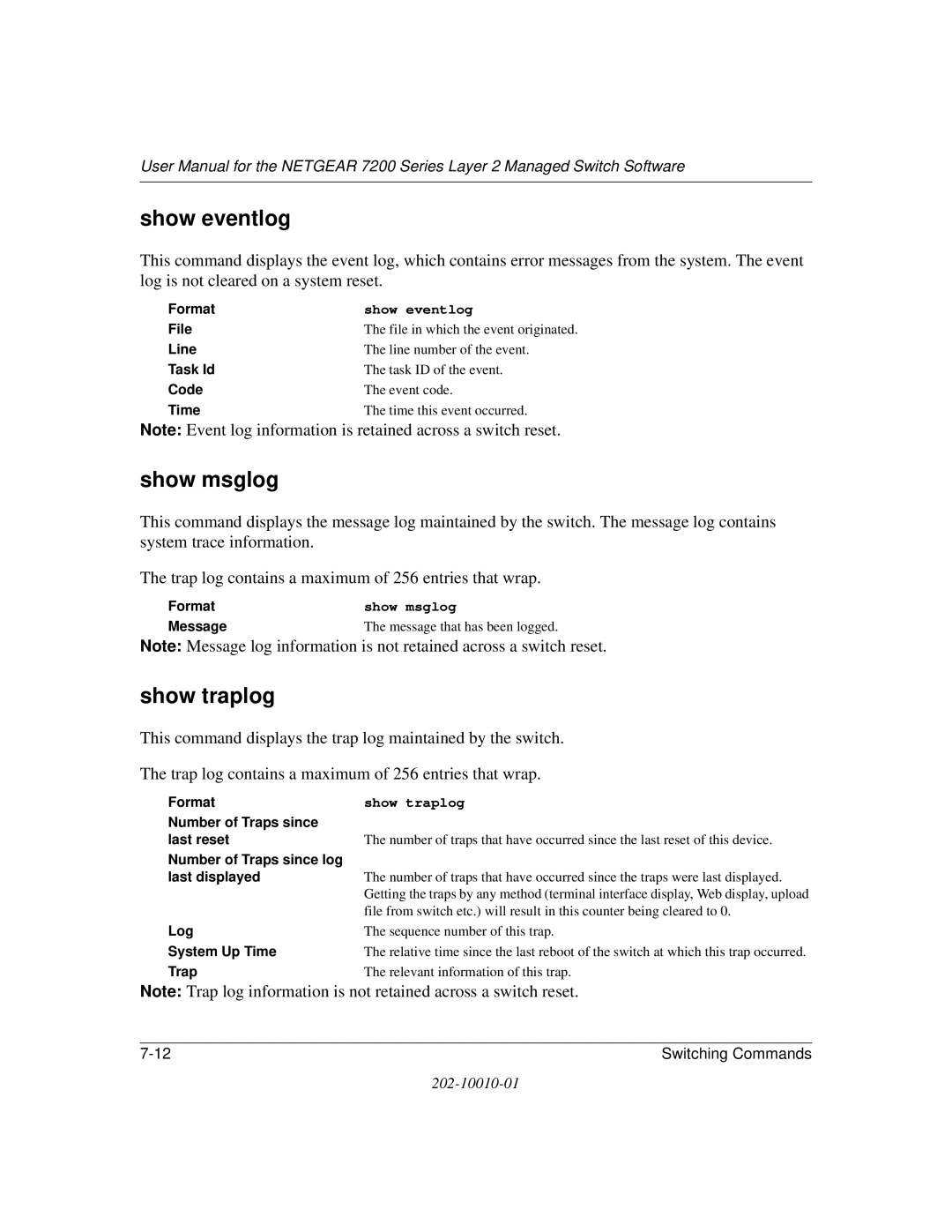 NETGEAR 7200 Series user manual Show eventlog, Show msglog, Show traplog 