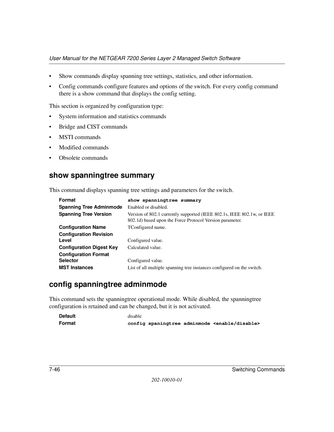 NETGEAR 7200 Series Show spanningtree summary, Config spanningtree adminmode, Config spaningtree adminmode enable/disable 