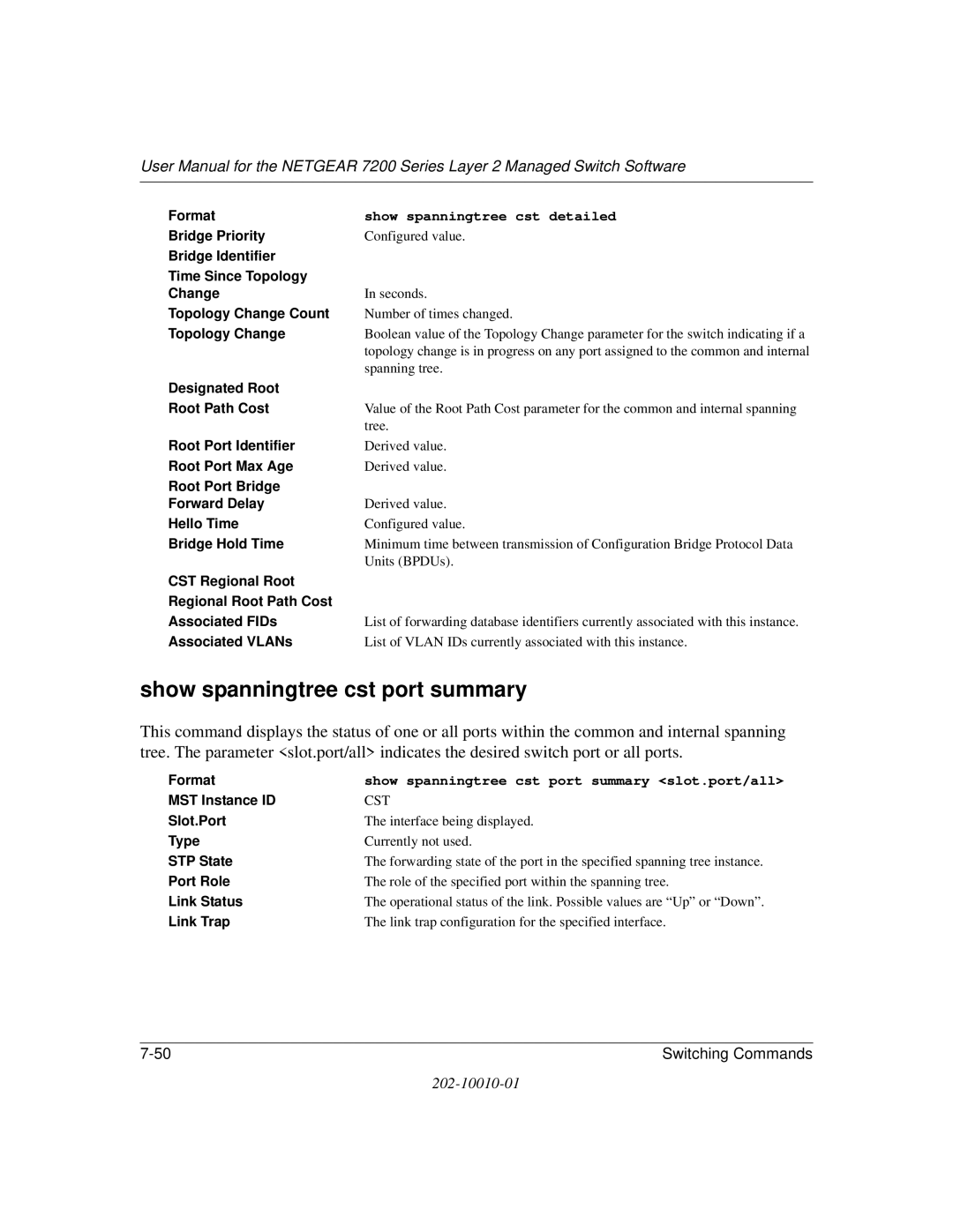 NETGEAR 7200 Series user manual Show spanningtree cst port summary, Show spanningtree cst detailed 