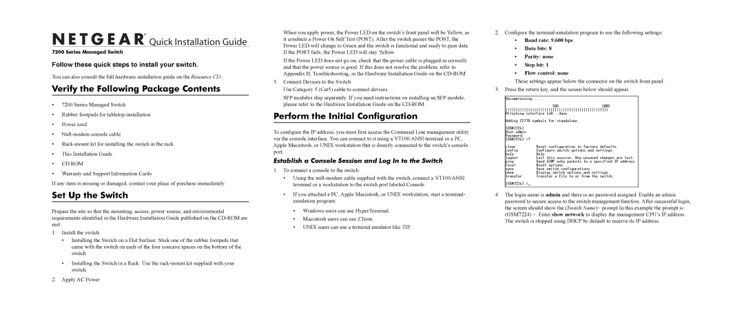 NETGEAR 7200 warranty Verify the Following Package Contents, Set Up the Switch, Perform the Initial Configuration 