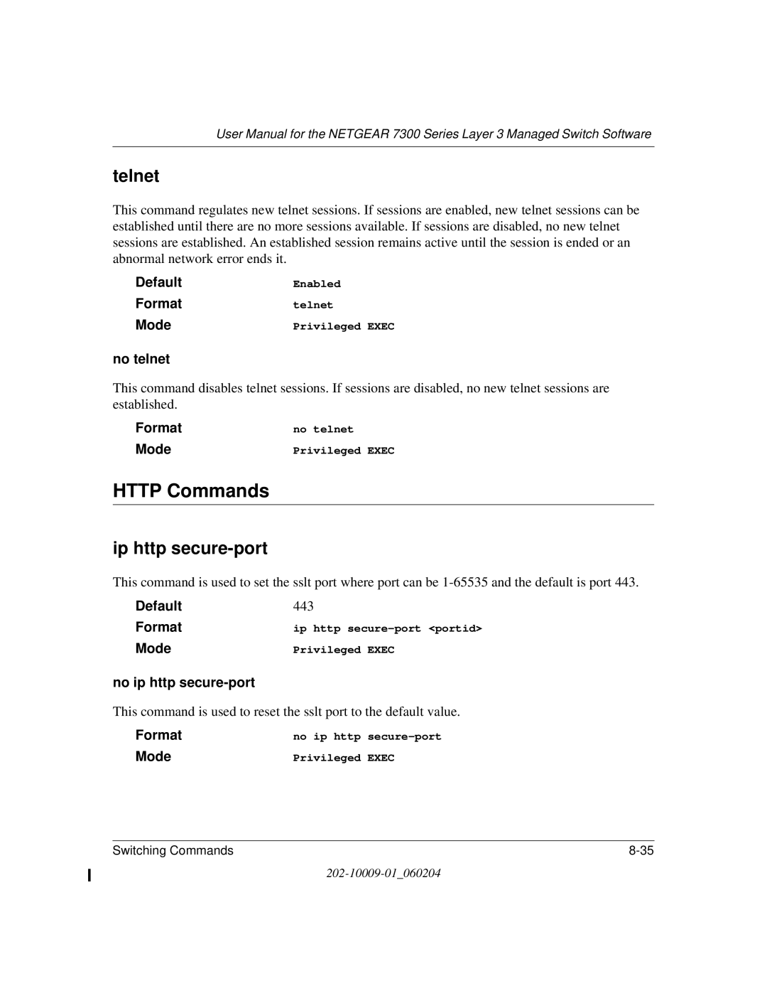 NETGEAR 7300 Series user manual Http Commands, Telnet, Ip http secure-port, No telnet, No ip http secure-port 