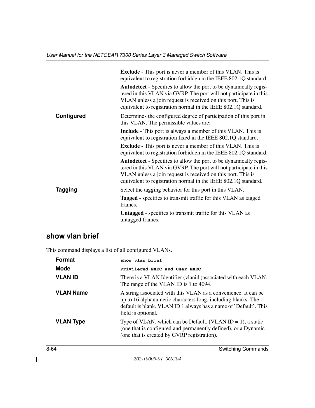 NETGEAR 7300 Series user manual Show vlan brief, Configured, Tagging 