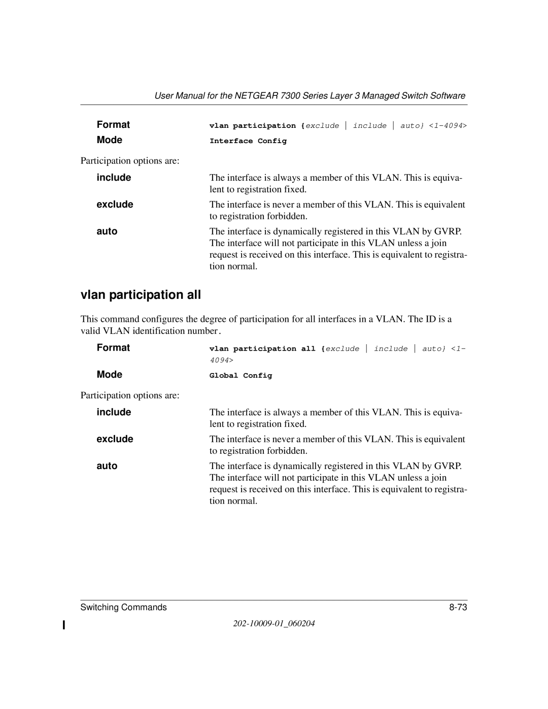 NETGEAR 7300 Series user manual Vlan participation all, Include, Exclude, Auto 