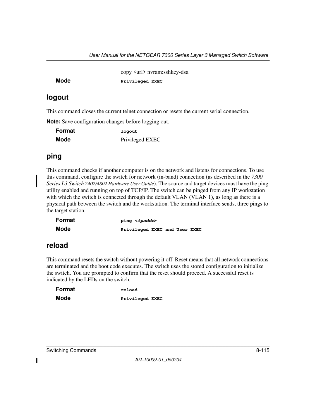 NETGEAR 7300 Series user manual Logout, Ping, Reload 