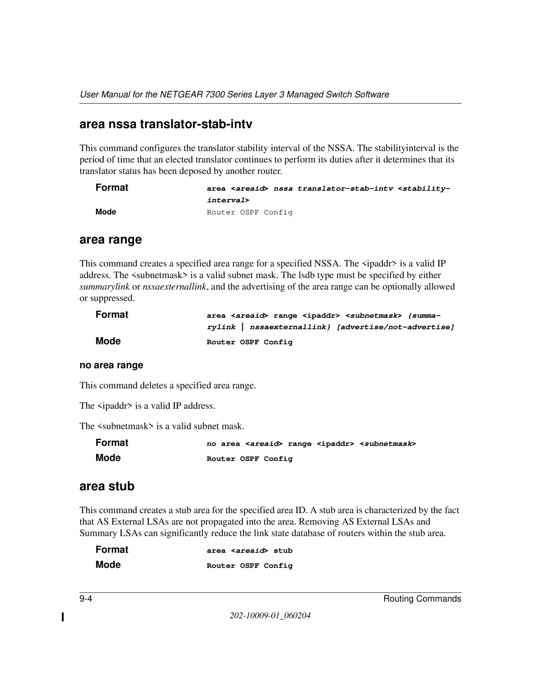 NETGEAR 7300 Series user manual Area nssa translator-stab-intv, Area range, Area stub, No area range 