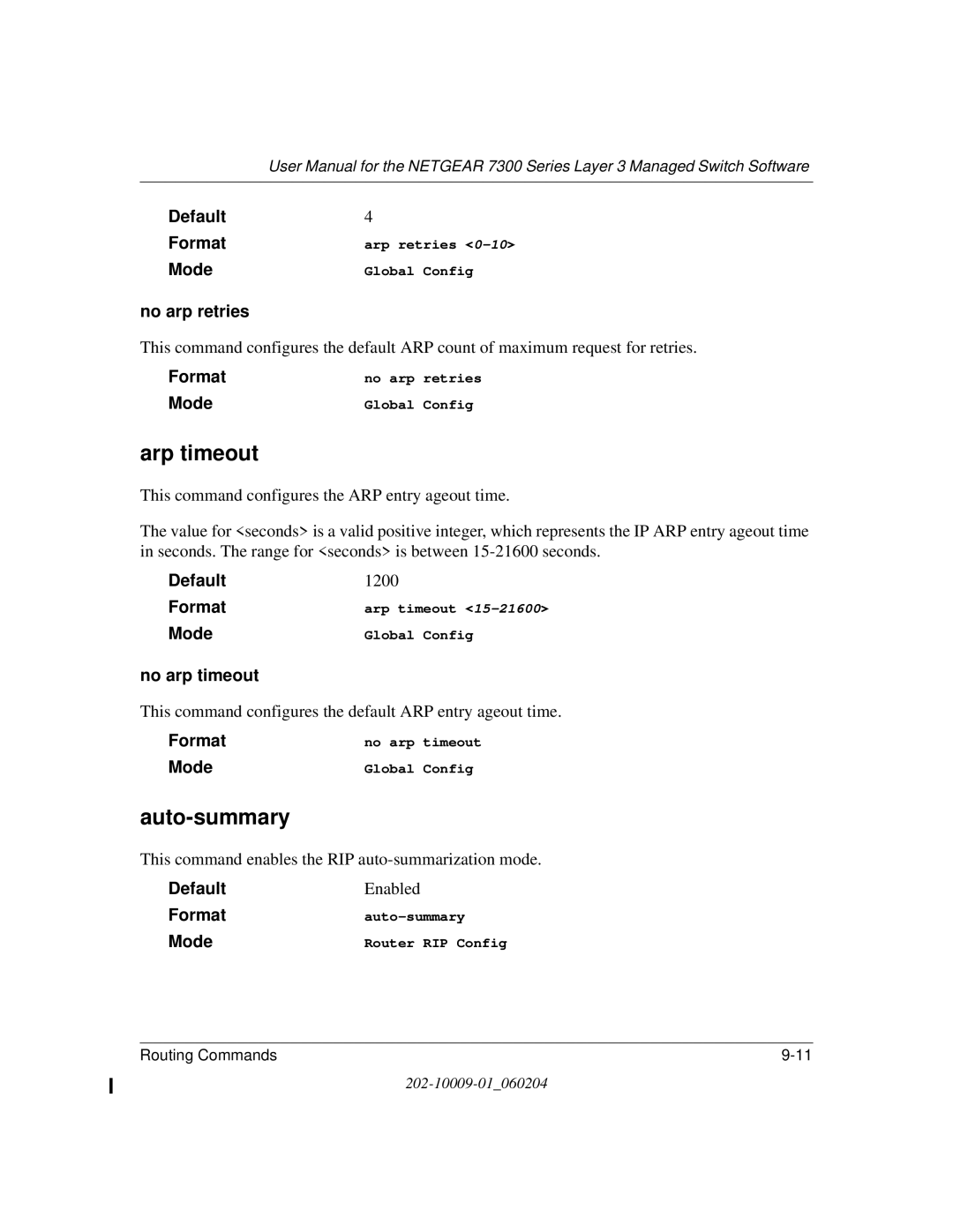 NETGEAR 7300 Series user manual Arp timeout, Auto-summary, No arp retries, No arp timeout 