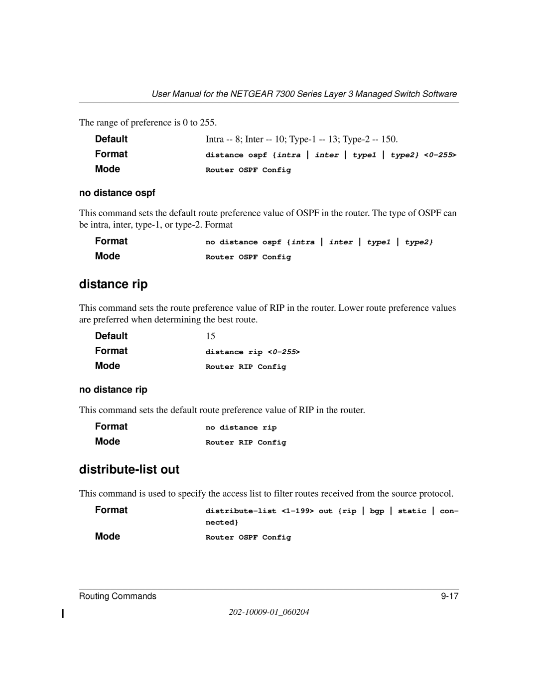 NETGEAR 7300 Series user manual Distance rip, Distribute-list out, No distance ospf, No distance rip 