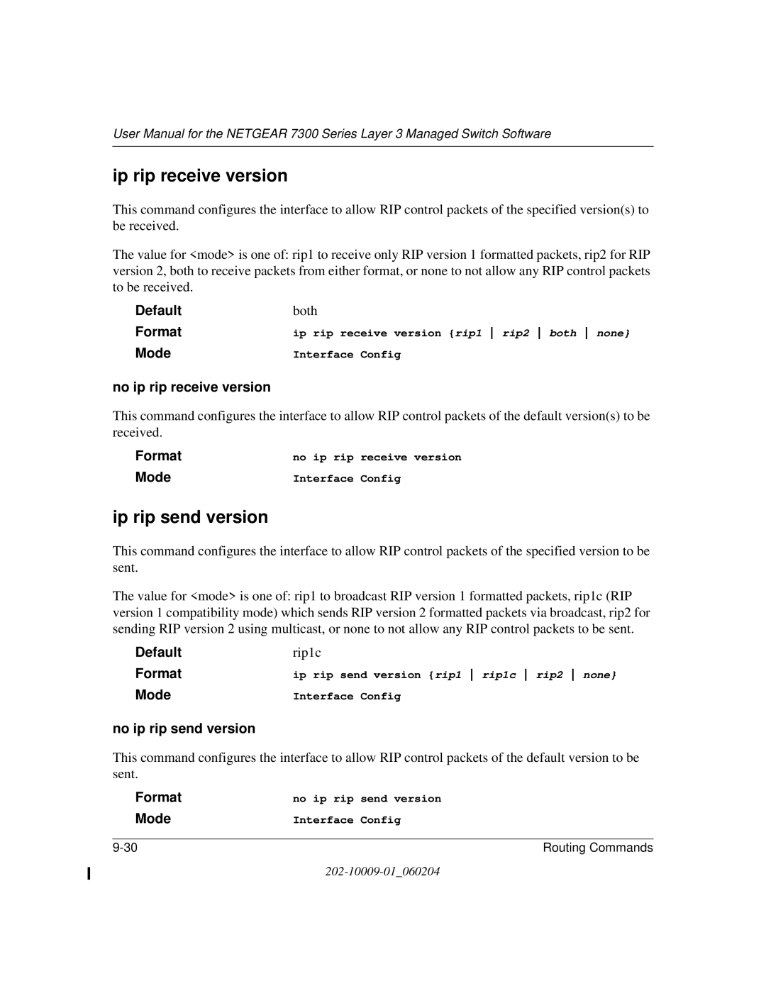 NETGEAR 7300 Series Ip rip receive version, Ip rip send version, No ip rip receive version, No ip rip send version 