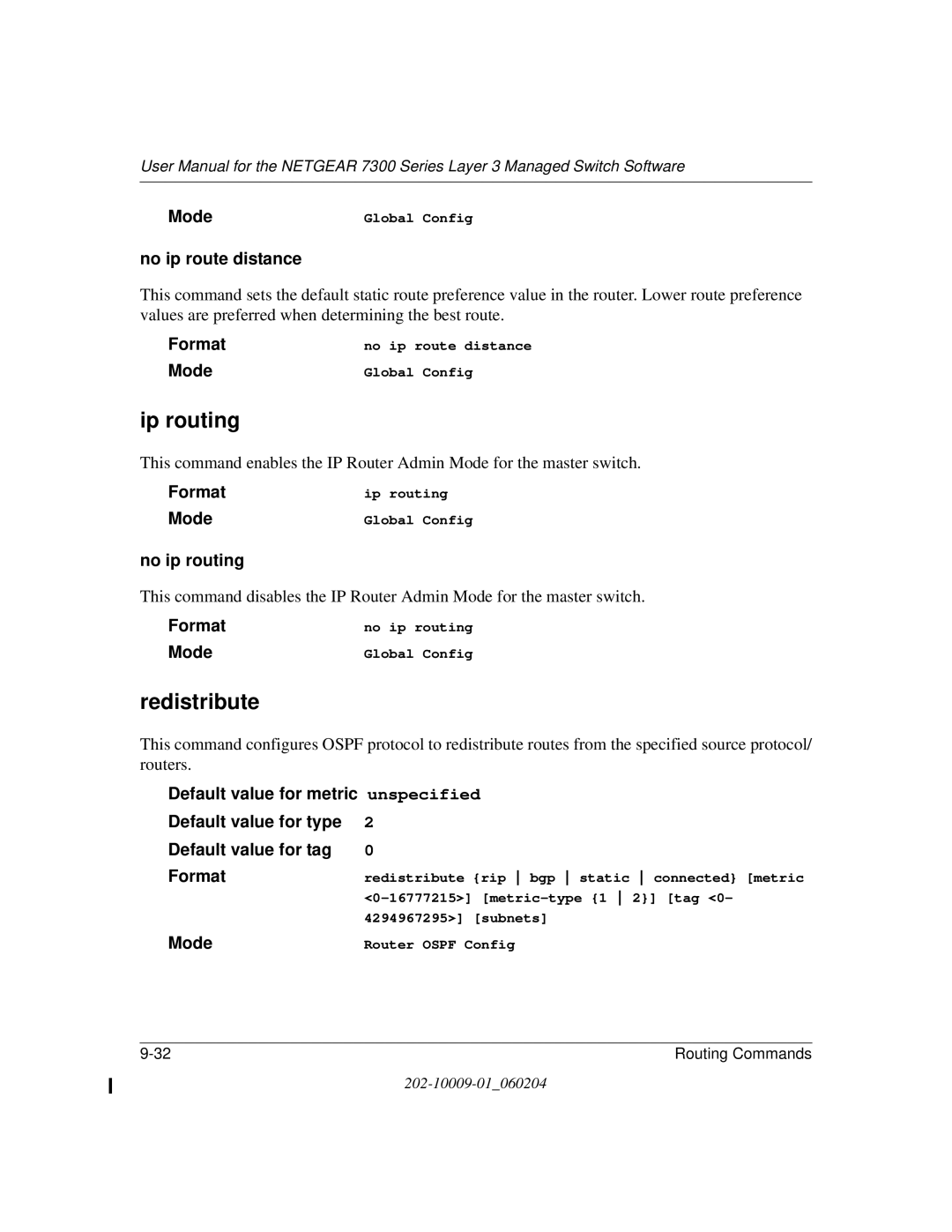 NETGEAR 7300 Series user manual Ip routing, Redistribute, No ip route distance, No ip routing 