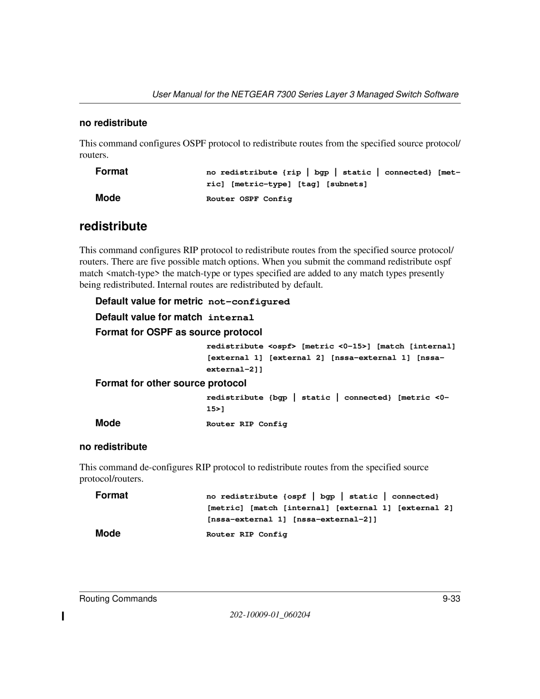 NETGEAR 7300 Series user manual No redistribute, Format for other source protocol 