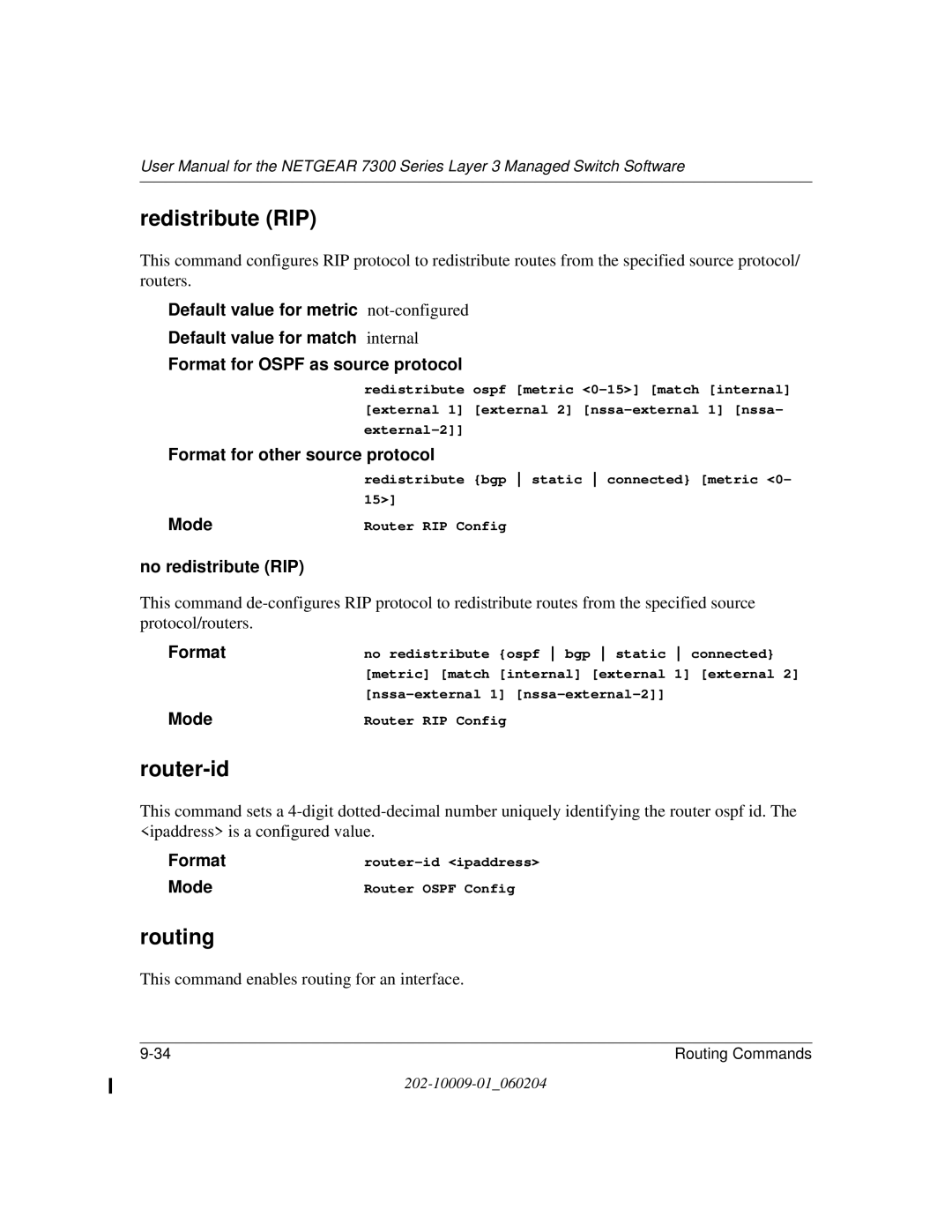 NETGEAR 7300 Series user manual Redistribute RIP, Router-id, Routing, No redistribute RIP 