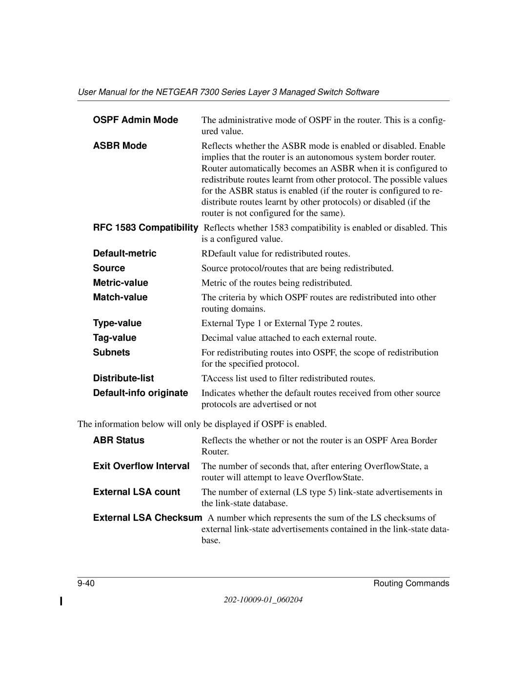 NETGEAR 7300 Series Ospf Admin Mode, Asbr Mode, Default-metric, Source, Metric-value, Match-value, Type-value, Tag-value 