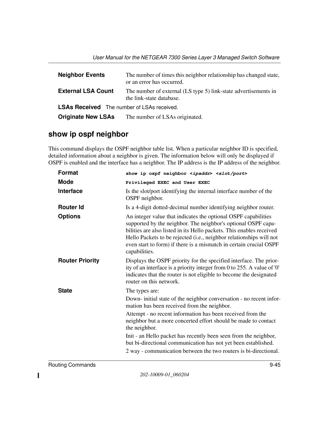 NETGEAR 7300 Series user manual Show ip ospf neighbor, Neighbor Events 