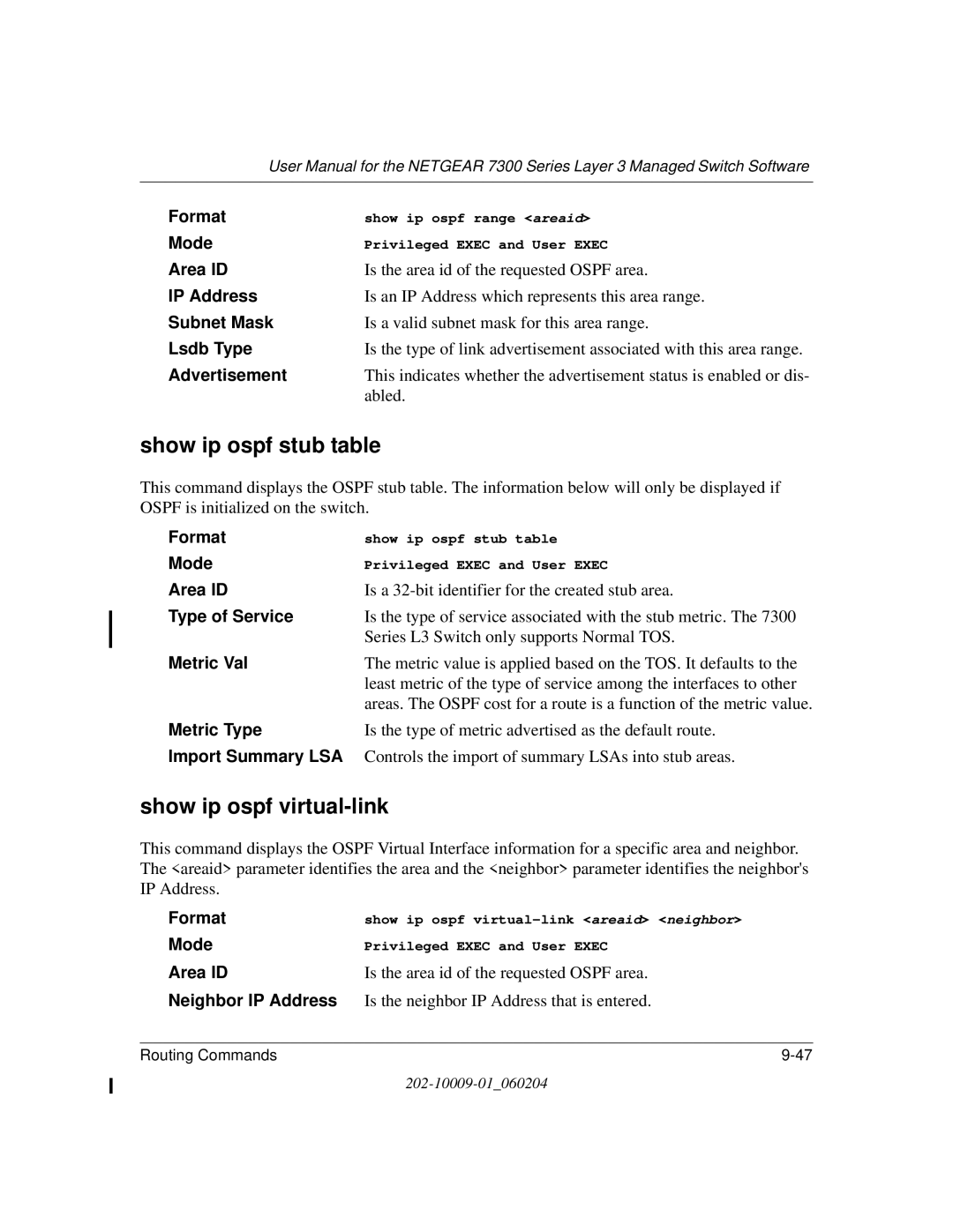 NETGEAR 7300 Series user manual Show ip ospf stub table, Show ip ospf virtual-link 