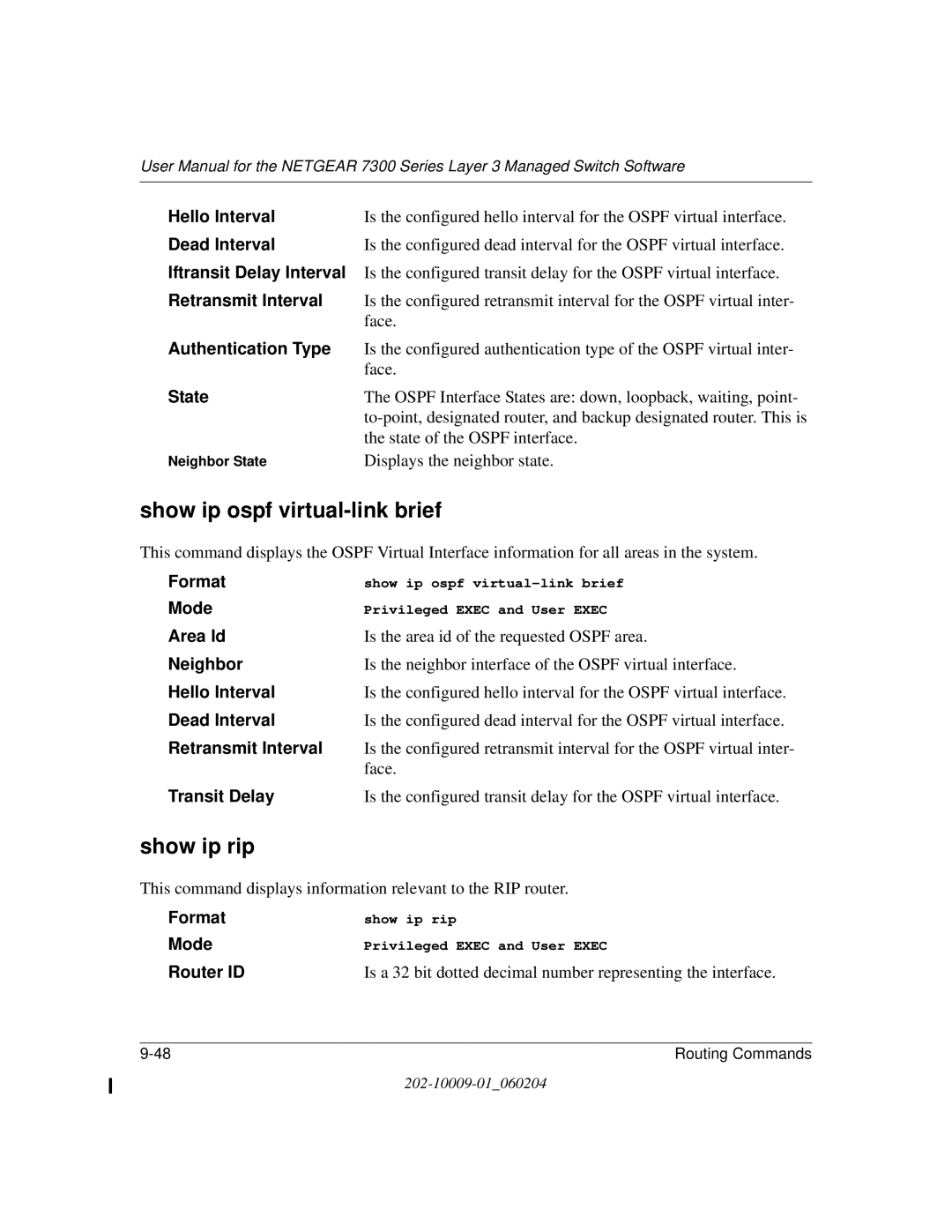 NETGEAR 7300 Series Show ip ospf virtual-link brief, Show ip rip, Iftransit Delay Interval, Neighbor, Transit Delay 