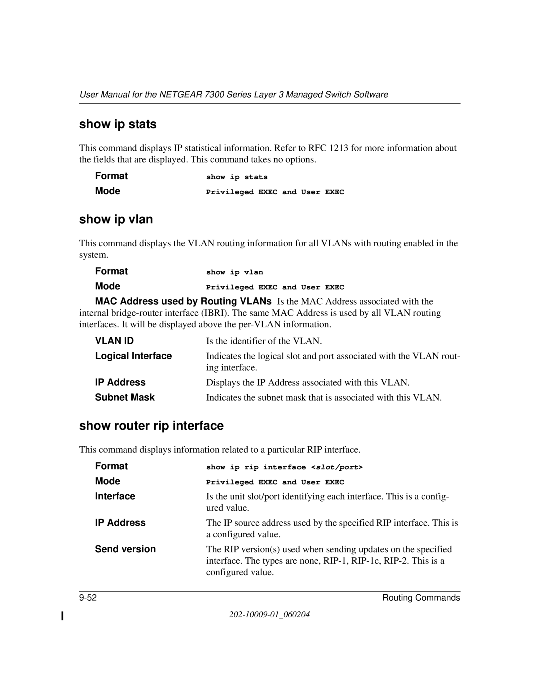 NETGEAR 7300 Series user manual Show ip stats, Show ip vlan, Show router rip interface, Logical Interface 