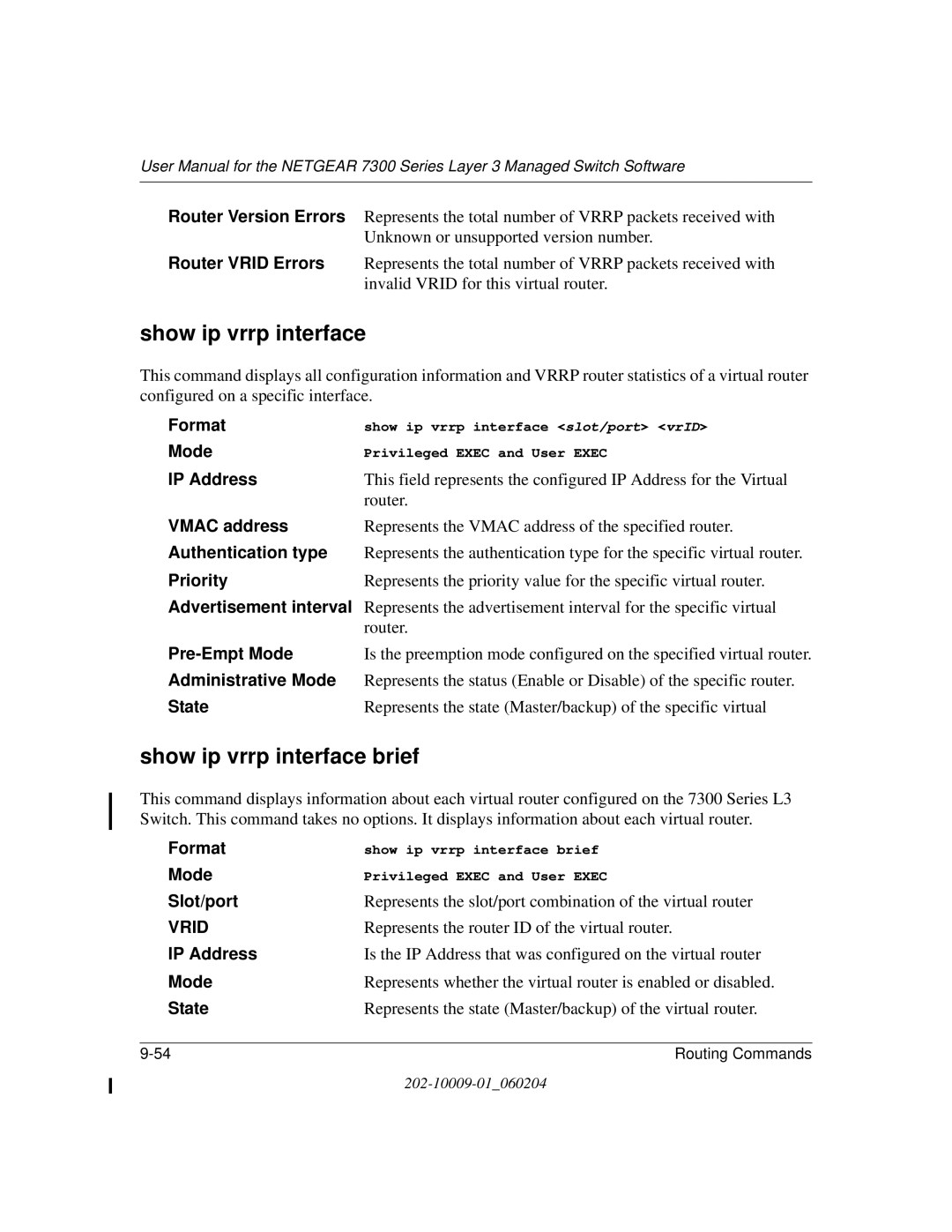 NETGEAR 7300 Series user manual Show ip vrrp interface brief 