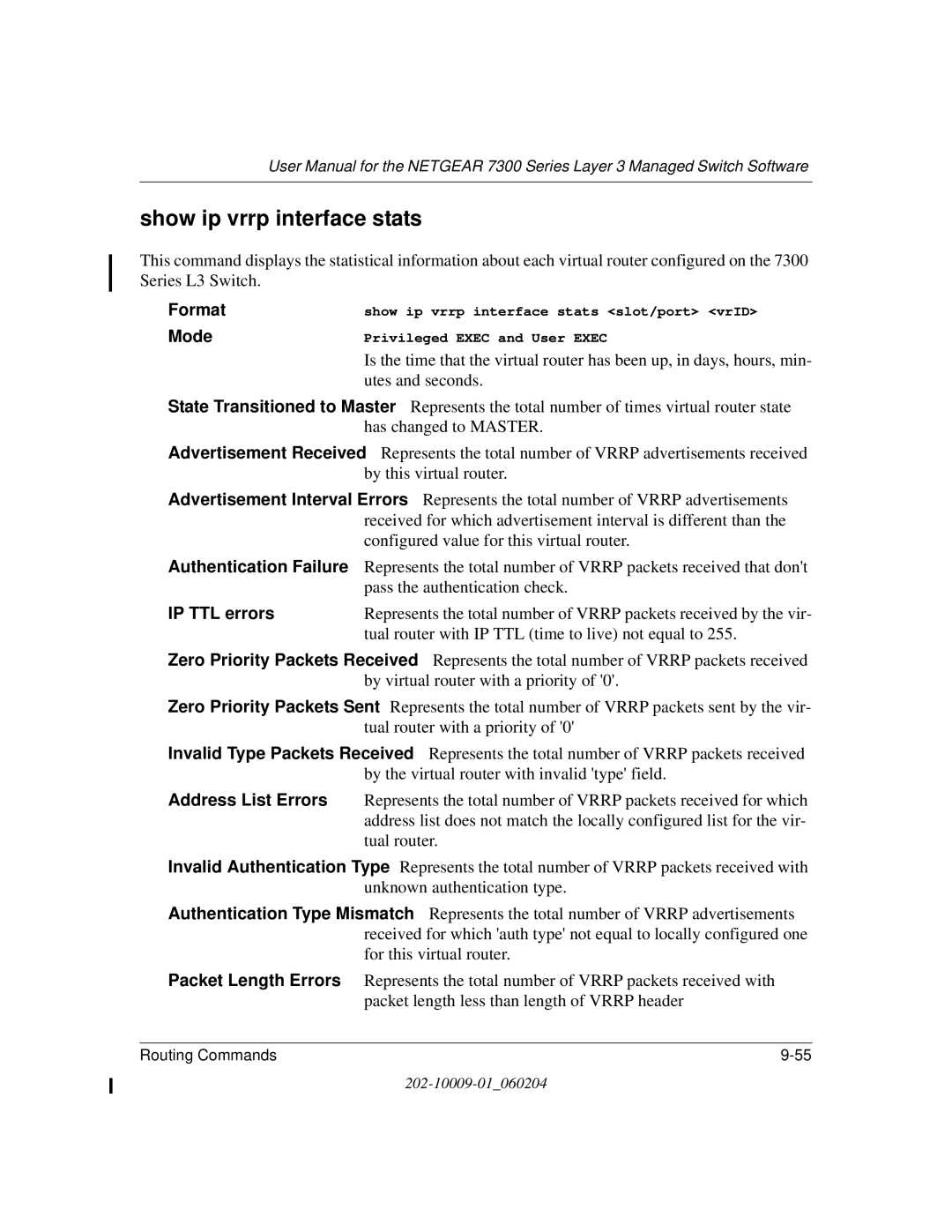 NETGEAR 7300 Series user manual Show ip vrrp interface stats, IP TTL errors 