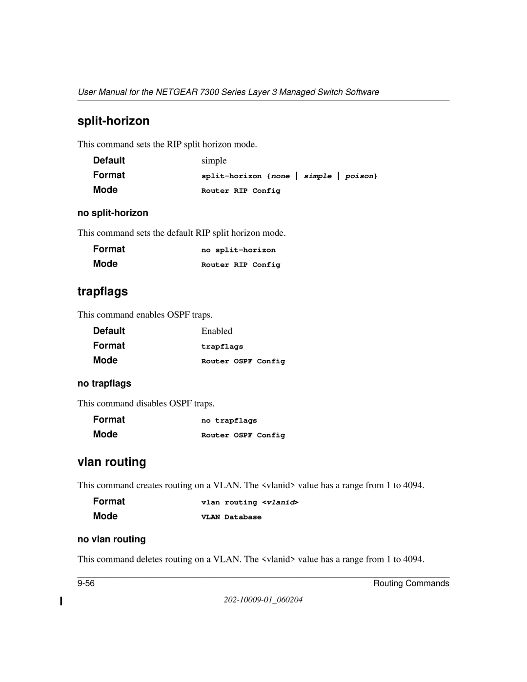 NETGEAR 7300 Series user manual Split-horizon, Trapflags, Vlan routing, No trapflags, No vlan routing 