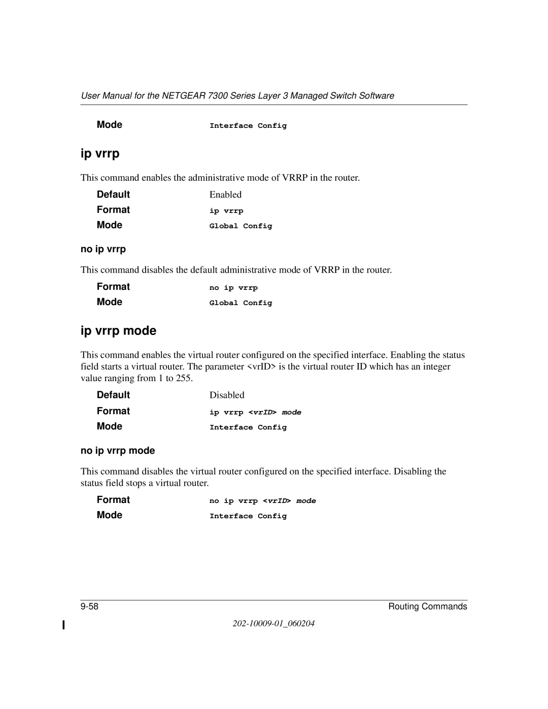 NETGEAR 7300 Series user manual Ip vrrp mode, No ip vrrp mode 