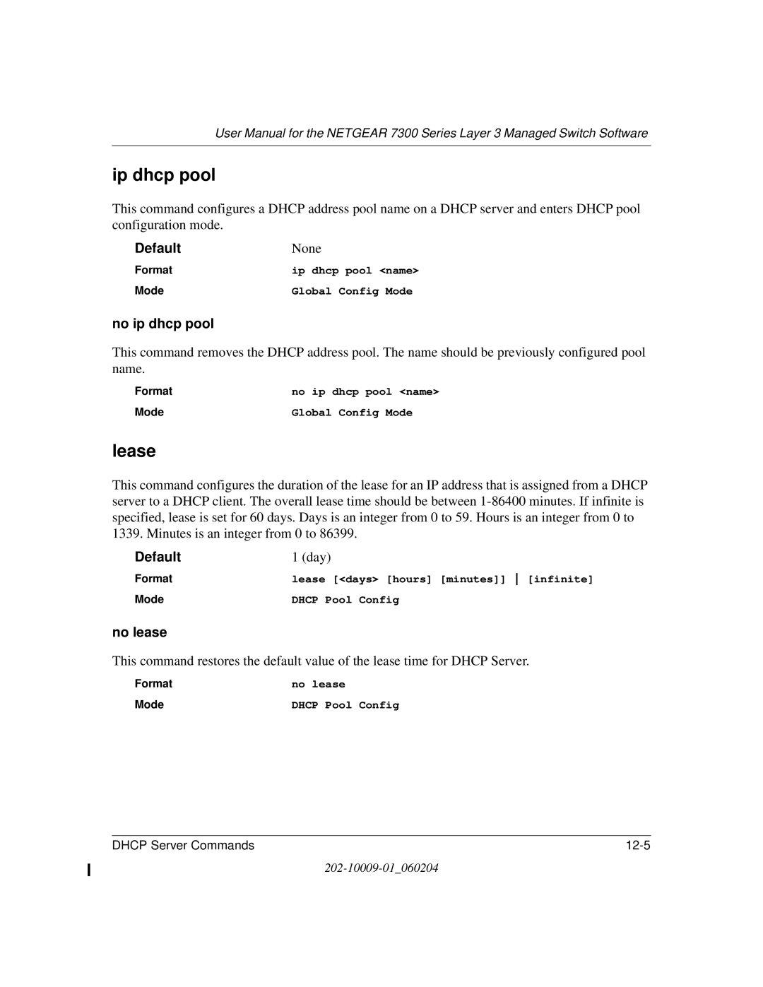 NETGEAR 7300 Series user manual Ip dhcp pool, Lease, No ip dhcp pool, No lease 